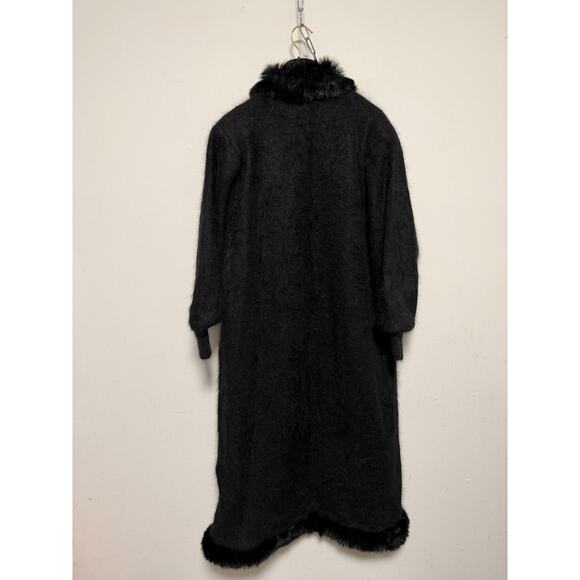 Modefia Coat Womens Medium Large Black Angora Blend Faux Fur Trim Long Duster - Picture 4 of 13